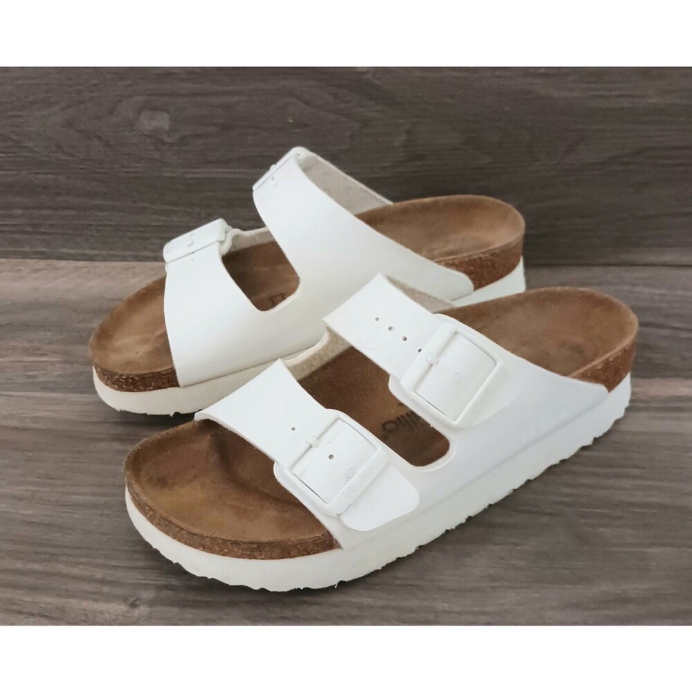 Papillio Birkenstock Arizona Platform Sandal White Vegan Birko Flor 38N US 7-7.5